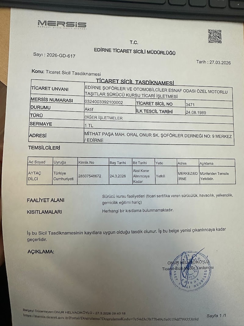 Edirne Şoförler Ve Otomobilciler Derneği Ticari İşletmesi Sürücü Kursu